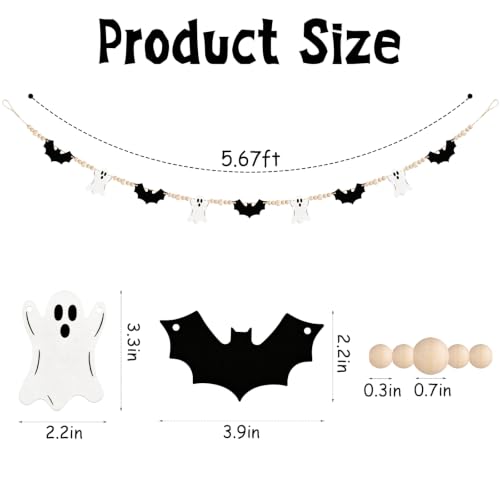 Halloween Ghosts and Bats Beaded Garland - Rustic Farmhouse Decor, 5.7Ft