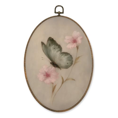 Oval Wall Art Decor - Butterfly Floral Canvas for Home & Bedroom