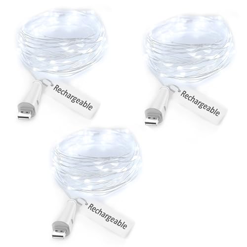 USB Rechargeable Fairy Lights 7ft 20 LED String Lights for Indoor & Outdoor Decor - White, 3 Pack