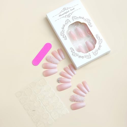 Pink Press On Nails - Long Square Coffin Fake Nails with Rhinestone Design, 3-Pink Gradient Variation, 24Pcs