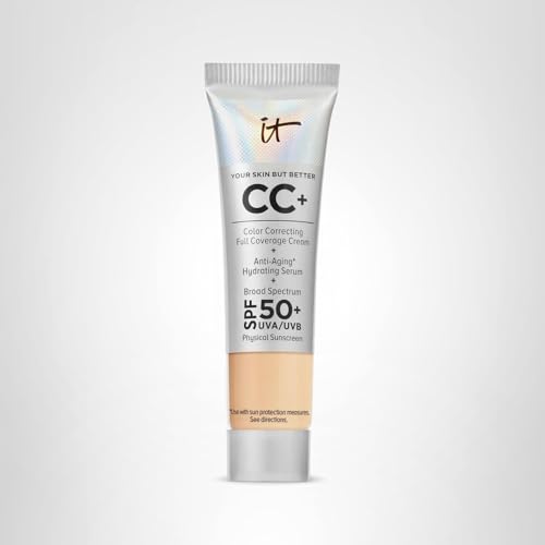 IT Cosmetics CC+ Cream Travel (Medium) - Natural Full Coverage Foundation With SPF 50+, Color Corrector & Anti-Aging Hydrating Serum, Hyaluronic Acid + Peptides, Up To 24H Wear - 0.4 fl oz