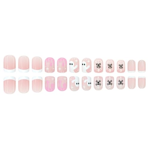 Halloween Short Square Press-On Nails with Ghost & Spider Web Design - Pink, Reusable, 24 Pieces - Variation Color37