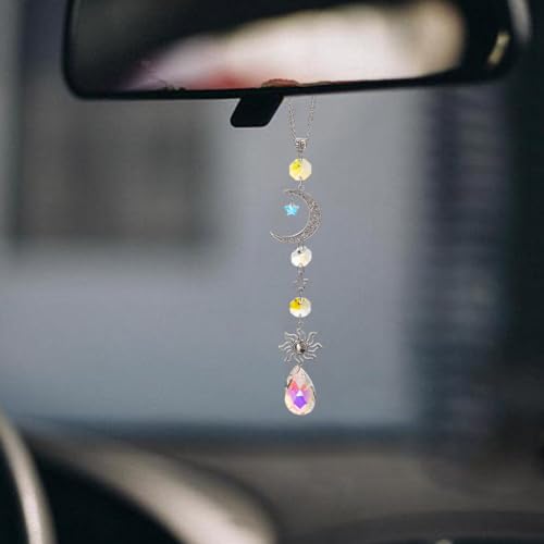 2 Pcs Car Rearview Mirror Charms Sun Star Moon Crystal Glass Pendant Boho Decor