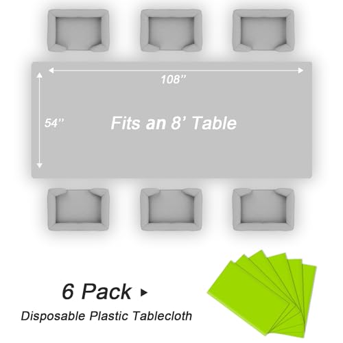QIKSION 6 Pack Lime Green Plastic Tablecloth - Neon Green Rectangular Cover, 54x108 Inches, Disposable Party Table Cover