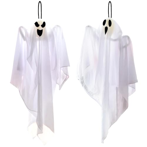 Happy Flying Ghosts Set - 4 pcs 27.5-inch Halloween Hanging Ghost Decorations for Outdoor & Indoor