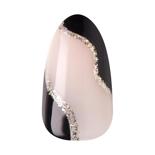 French No Glue Press On Nails - Dark Neutral + Black Tip, Almond Shape, Medium, 30 Nails + Tools