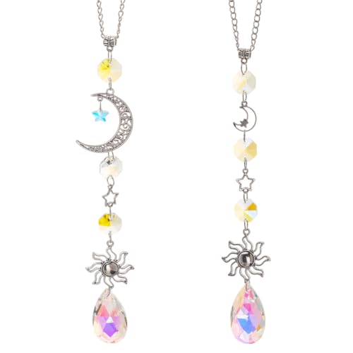 2 Pcs Car Rearview Mirror Charms Sun Star Moon Crystal Glass Pendant Boho Decor