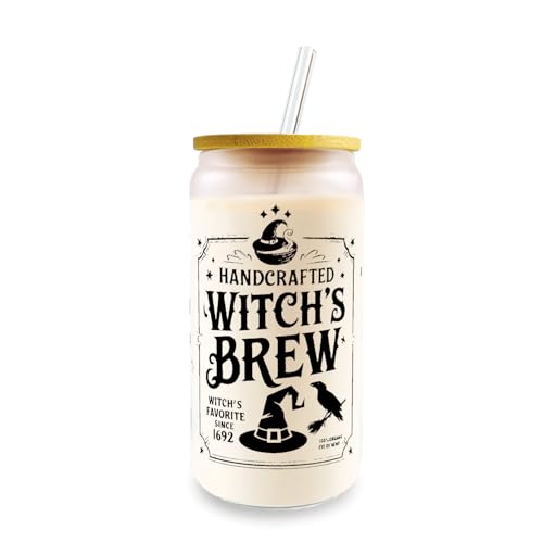 16oz Halloween Glass Cup with Lid & Straw - Witch's Brew Cauldron Mug