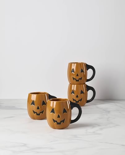 Halloween Pumpkin Mug Set - 4 Porcelain Figural Mugs, 20oz, Spooky Halloween Decor