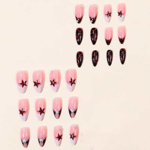 BABALAL Medium Almond Fake Nails - Tortoise Leopard Star Y2K French Tips - ANU00-08