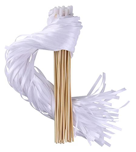 100PCS Wedding Ribbon Wands with Silk Fairy Streamers - Party Send Off Favors - White