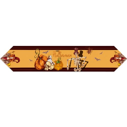 Halloween Table Runner Pumpkin Skeleton Witch Decor 71x12 Yellow