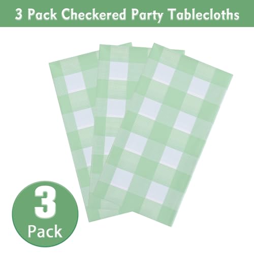 Sage Green & White Gingham Disposable Tablecloths 54x108 Inches - 3 Pack
