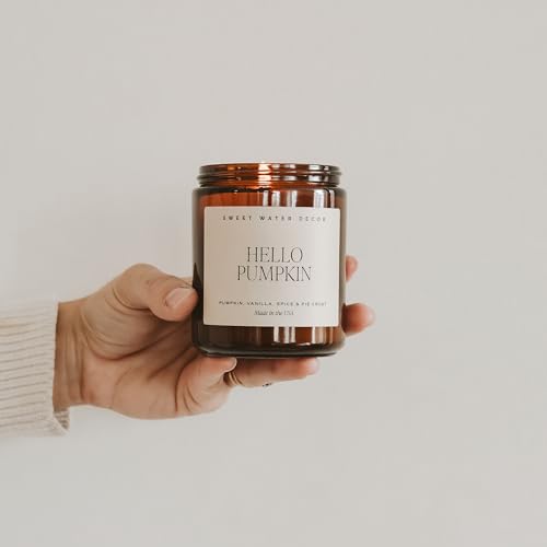 Hello Pumpkin Scented Candle in Amber Jar - Fall Decor, 9oz, Tan Label Variation