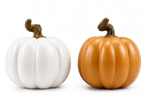 Set of 2 Fall Resin Pumpkin Decorations - White & Orange 4 Inch