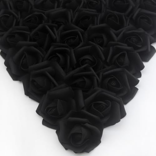 Artificial Foam Rose Heads Bulk - 3 Inch Stemless Fake Roses for Wedding & Party Decor - Black, 200