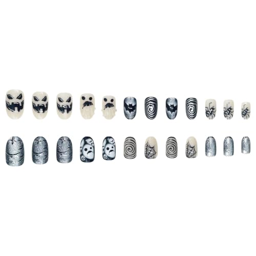 Halloween Press On Nails - Medium Oval Fake Nails with Spiders & Bats - Style-08, Black, 24Pcs
