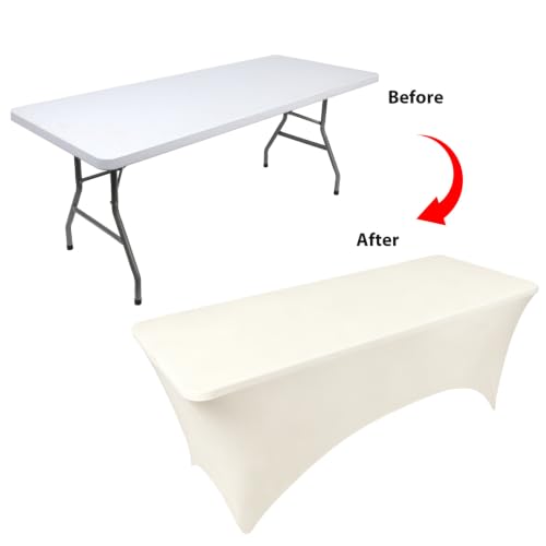 8ft Stretch Spandex Fitted Table Cloth for 6ft Rectangular Tables - Ivory, 96x30 Inches - 6 Pack