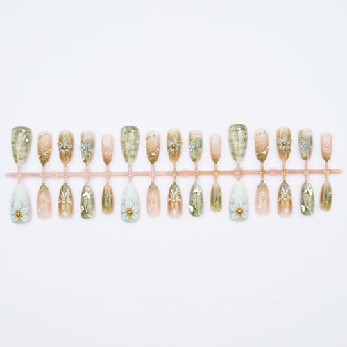 Flower Fake Nails-23 Green Press On Nails with Gold Butterfly & 3D Floral Design - Medium Almond Style