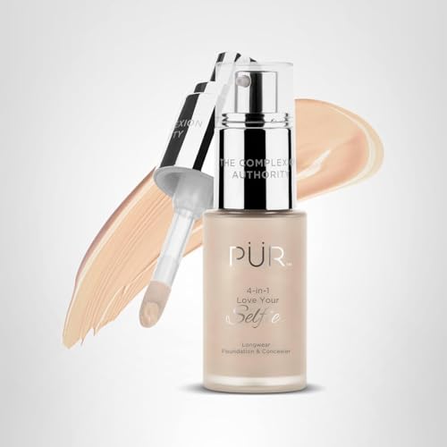 PÜR MINERALS 4-in-1 Love Your Selfie Longwear Foundation & Concealer, Full Coverage Liquid Foundation, Hydrating Formula, Cruelty Free