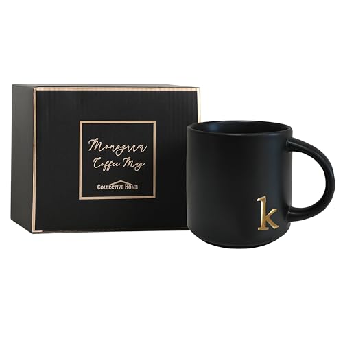 Black Ceramic Coffee Mug 15oz with Gold Monogram - Halloween Gift - Variation K