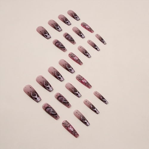 Halloween Press On Nails Long Coffin Fake Nails with Ghost & Skull Design - Style 9 - 24Pcs