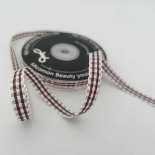 Brown and White Gingham Ribbon with Lace Edge - 3/8 Inch, 25 Yards