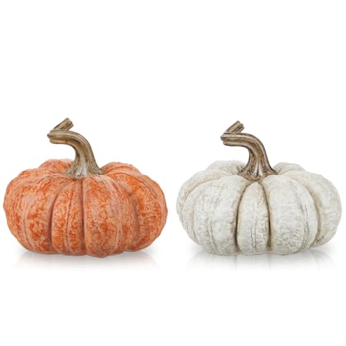 White Orange Fall Decor Set of 2 Artificial Resin Pumpkins - Autumn Home Accent