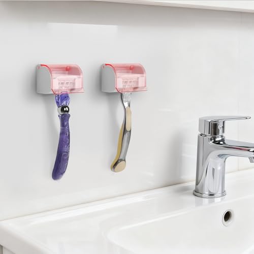 Self-Adhesive Razor Holder with Cover - Clear Pink Shower Wall Organizer - 2 Pack