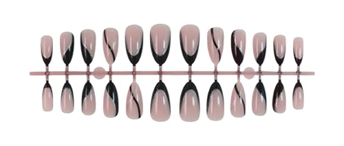 Medium Almond French Tip Press-On Nails Style 9 - Black Glitter Fake Nails, Reusable