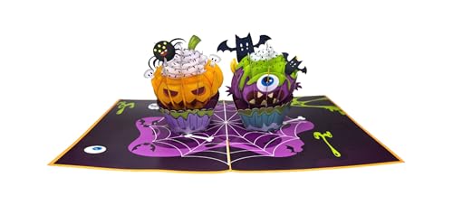 Halloween 3D Pop Up Card with Cupcake Monsters & Spooky Details - Handmade Greeting Card with Envelope