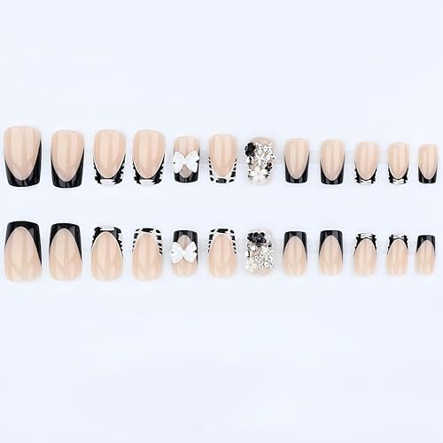 French Tip Press On Nails Short Square with Bow Star Charms Zebra Print Black & White 24Pcs