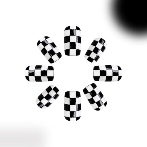 Press on Nails Short Square Black White Checkerboard Design - Style 11