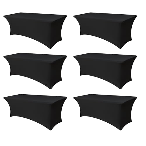 Stretch Spandex Fitted Table Cover for 6ft Rectangular Tables - Black, 6 Pack