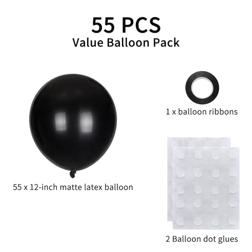 Black Latex Balloon Set - 55 Pack 12 Inch Matte Balloons with Ribbon & Dots - Variation: Black