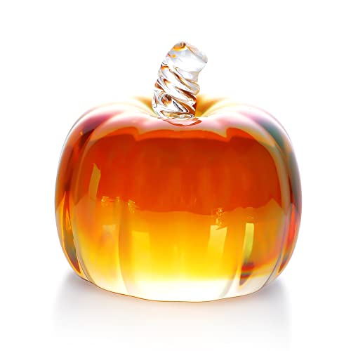 Hand Blown Crystal Pumpkin Figurine for Fall Harvest Decor - Brown Striped, 7.1cm