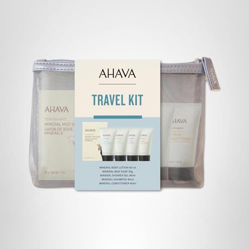 AHAVA Travel Kit - Includes Dead Sea Mineral Body Lotion 1.3 Fl.Oz, Mineral Shower Gel 1.3 Fl.Oz, Mineral Conditioner 1.3 Fl.Oz, Mineral Shampoo 1.3 Fl.Oz & Mineral Mud Soap 1 Oz.