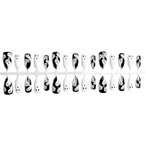 Halloween Ghost Press On Nails - Gothic Fake Nails with Glue - Medium Almond, 30Pcs