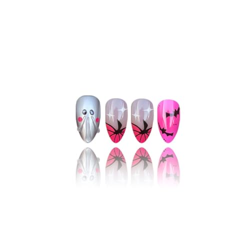 Halloween Press-On Nails Short Almond Fake Nails with Ghost Pumpkin Glitter Bat Spider Web Designs - 24Pcs