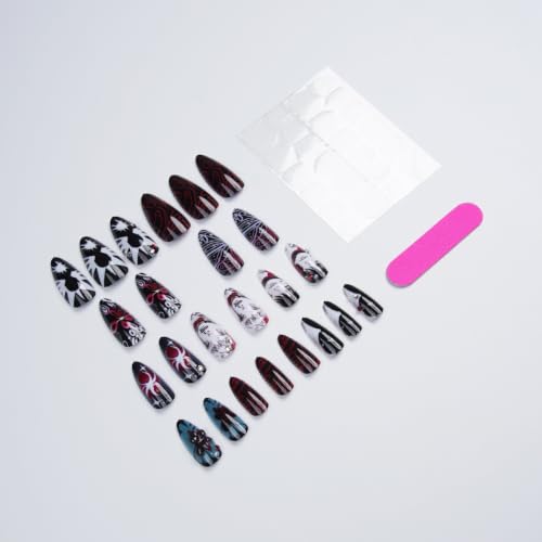 Gothic Press On Nails Set - Medium Almond Fake Nails with Gem Rhinestones - Black White Red Design - Variation Gothic-18