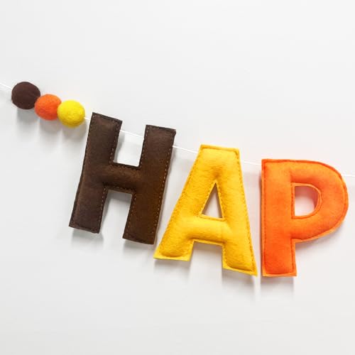 Happy Fall Felt Pumpkin Garland Banner - Autumn Thanksgiving Wall Decor with Wool Felt Balls - Variation: Happy Fall