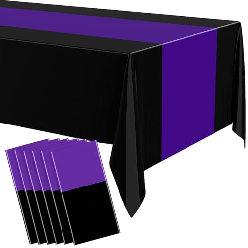 Disposable Plastic Table Cloth - 54 x 108 Inches, Black & Purple, Pack of 6