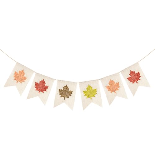Beige Glitter Maple Leaf Banner - Fall Burlap Garland for Thanksgiving & Harvest
