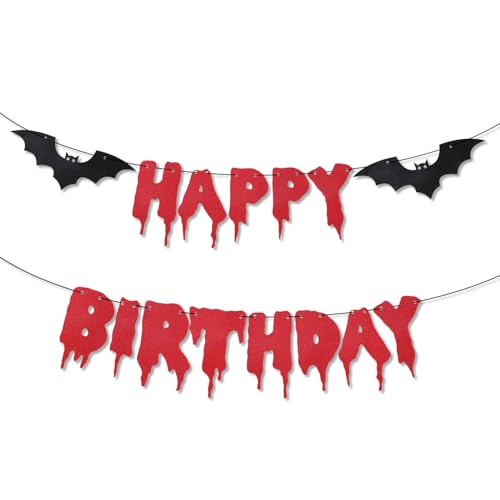 Halloween Happy Birthday Banner - Bloody Style Glitter Bat, Red