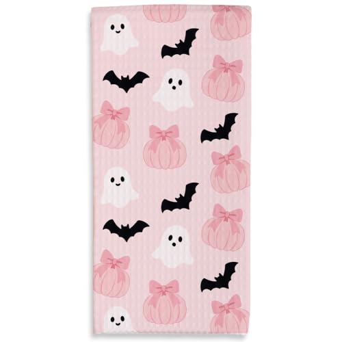 Halloween Pink Ghost Bat Kitchen Towel 16x24 Inches Absorbent Decorative Hand Towels