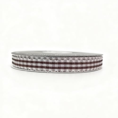 Brown and White Gingham Ribbon with Lace Edge - 3/8 Inch, 25 Yards