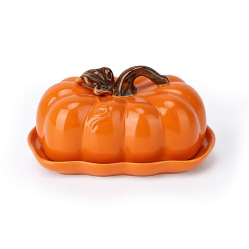 Orange Pumpkin-Shaped Ceramic Butter Dish with Lid - Fall Kitchen Decor