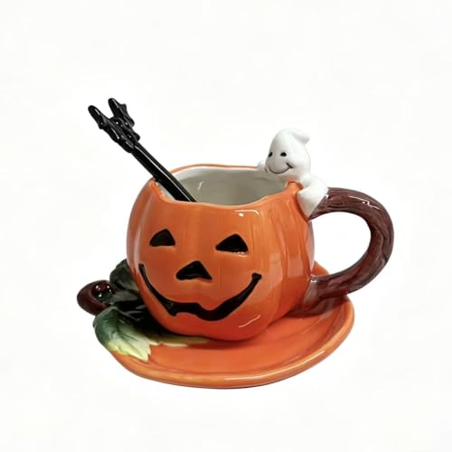 Halloween Pumpkin and Ghost Ceramic Mug Set - 6oz Hand-Painted Coffee Tea Cup with Saucer & Bat Spoon