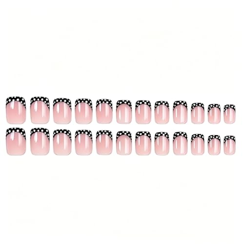 Black French Tip Press On Nails Short Square with White Polka Dots - Style 2