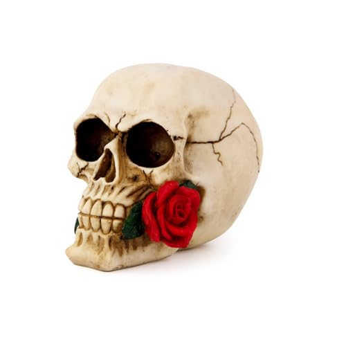 Halloween Skeleton Skull Decor with Rose Flowers, 8.1 Inch Gothic Statue